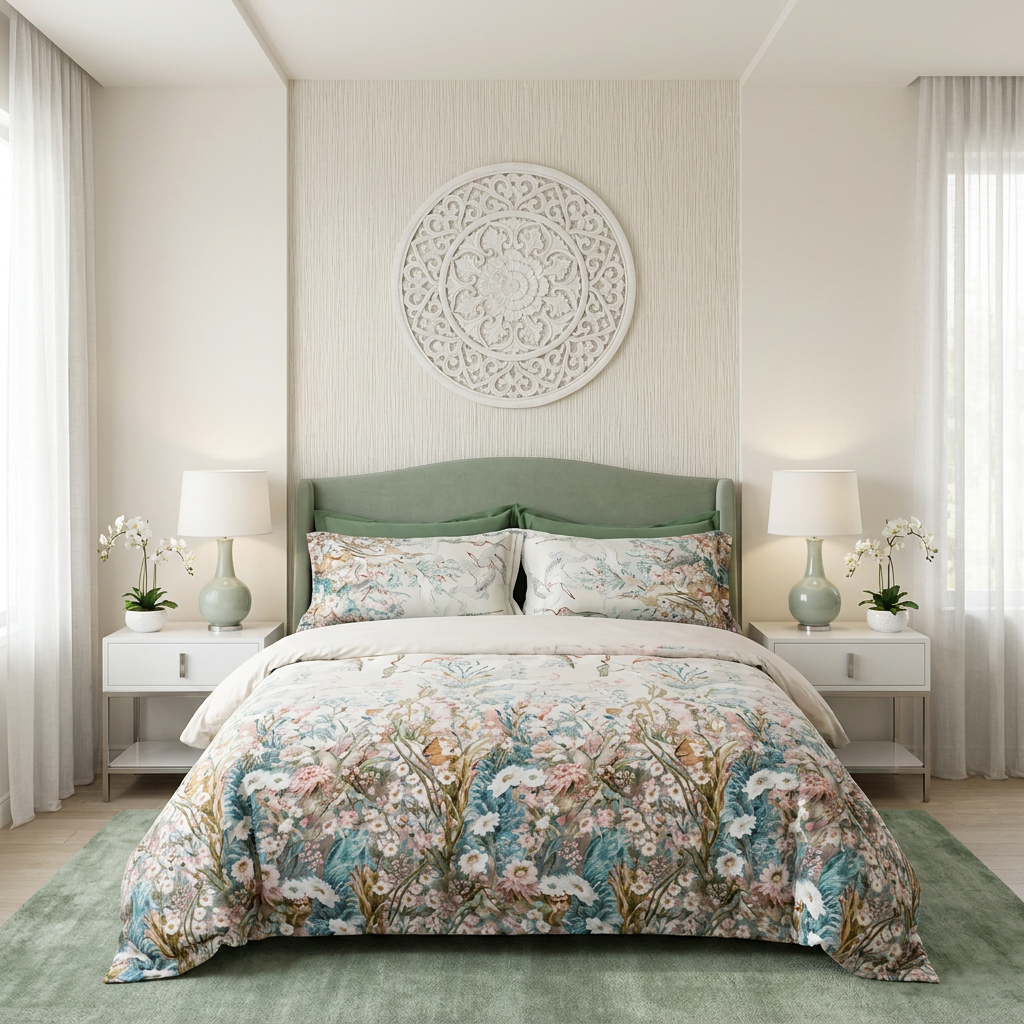 Artisan Design - Soft Botanical Crane Chinoiserie Spa Egyptian Cotton Bedding Set