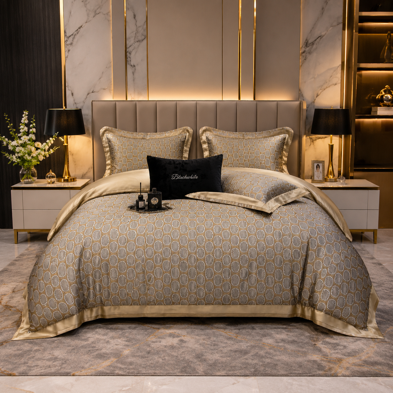 Premium Floral Long Staple - Golden Geometry Cotton Bedding Set