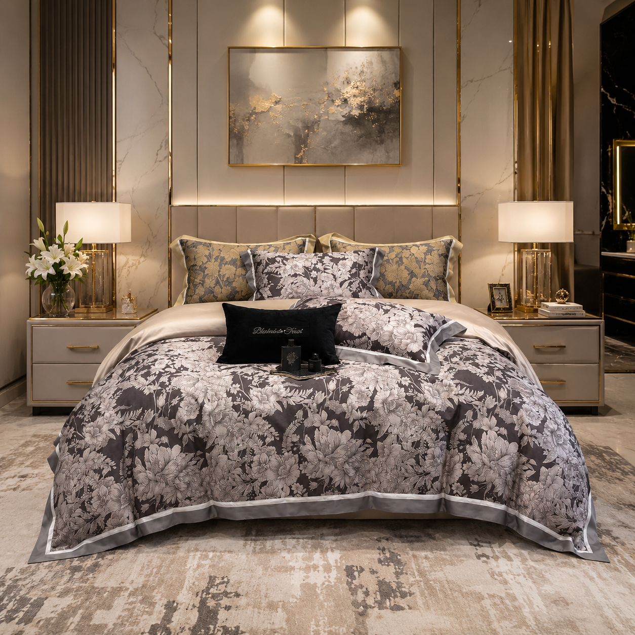 Premium Floral Long Staple - Midnight Blossom Cotton Bedding Set