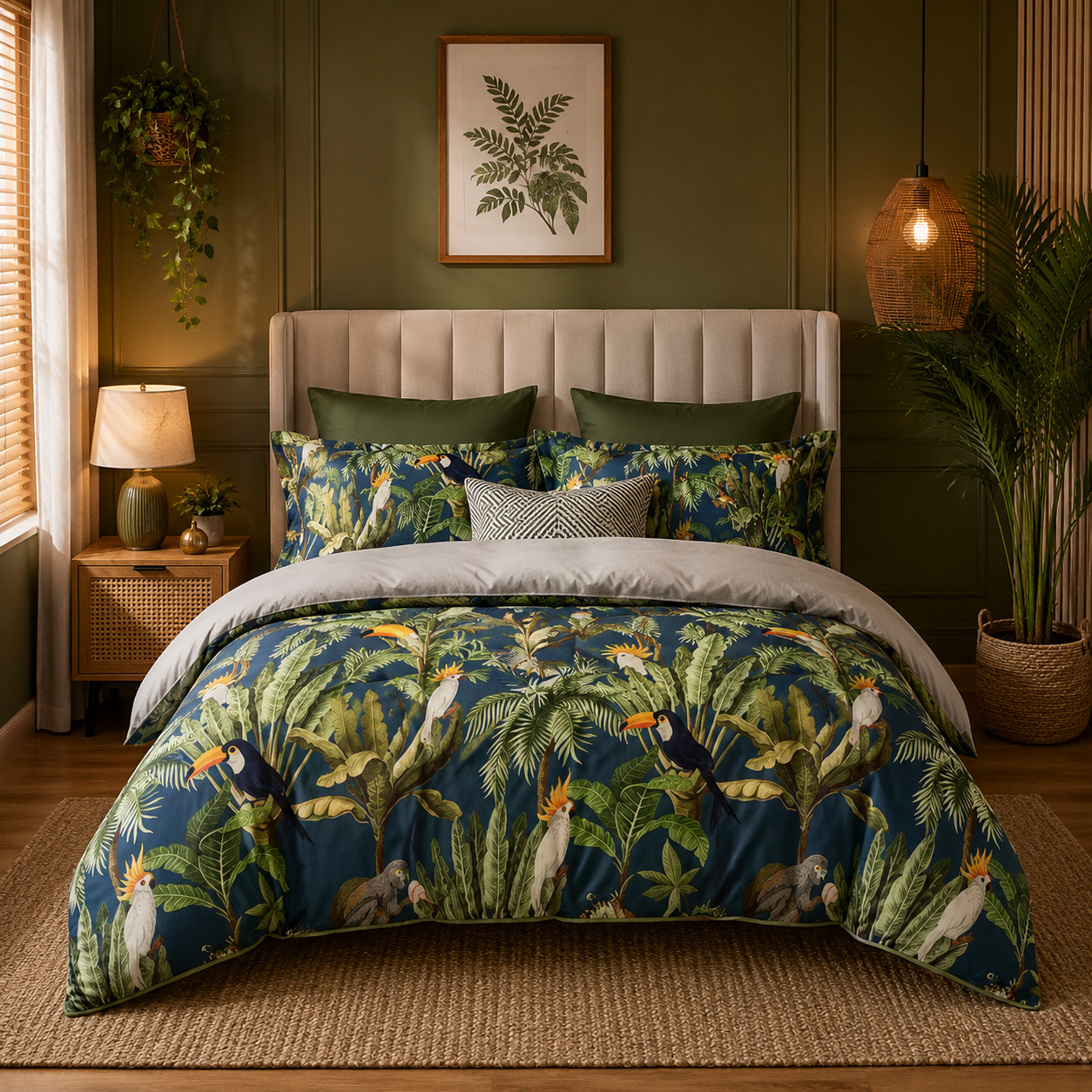 Bright Flamingo Leaf - Tropical Rainforest Escape Egyptian Cotton Bedding Set