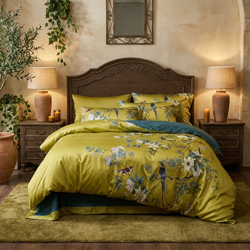 Bright Flamingo Leaf - Olive Chinoiserie Bird Tuscan Villa Egyptian Cotton Bedding Set