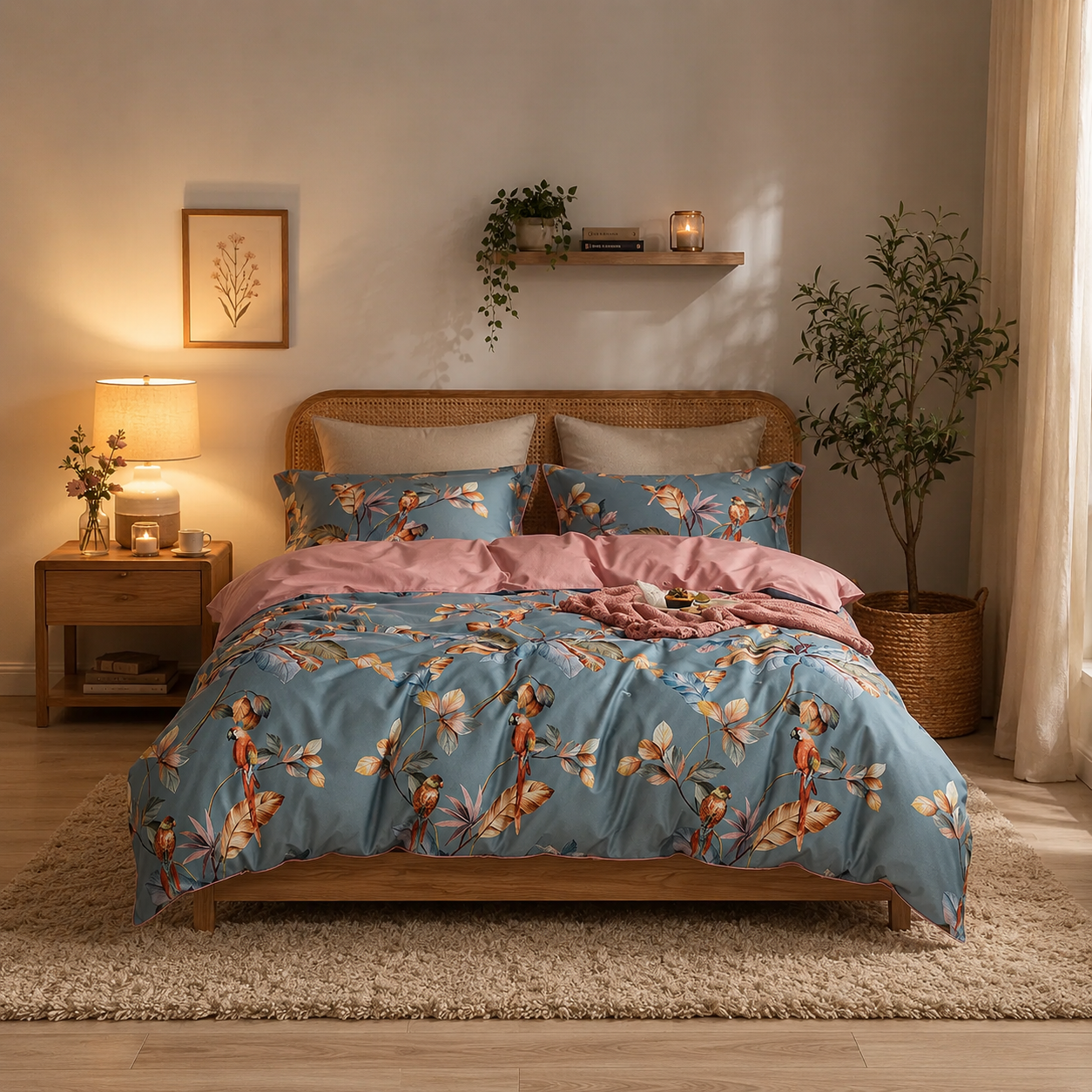 Bright Flamingo Leaf - Blush Parrot Haven Egyptian Cotton Bedding Set