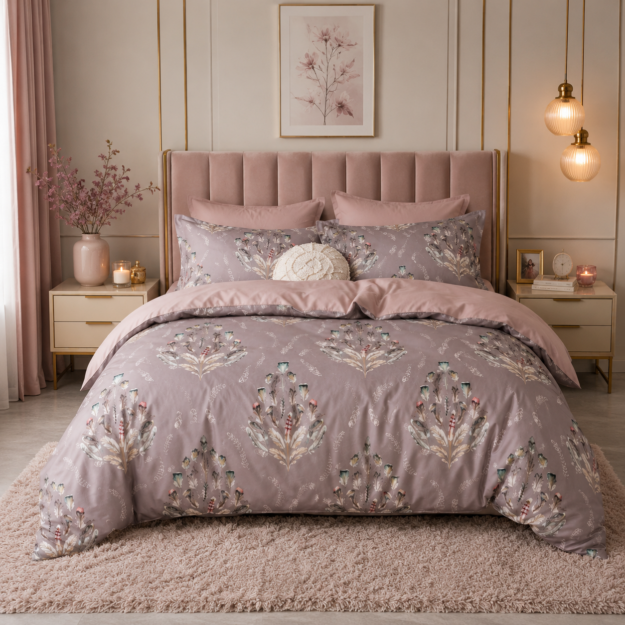 Bright Flamingo Leaf - Blush Botanical Whisper Egyptian Cotton Bedding Set