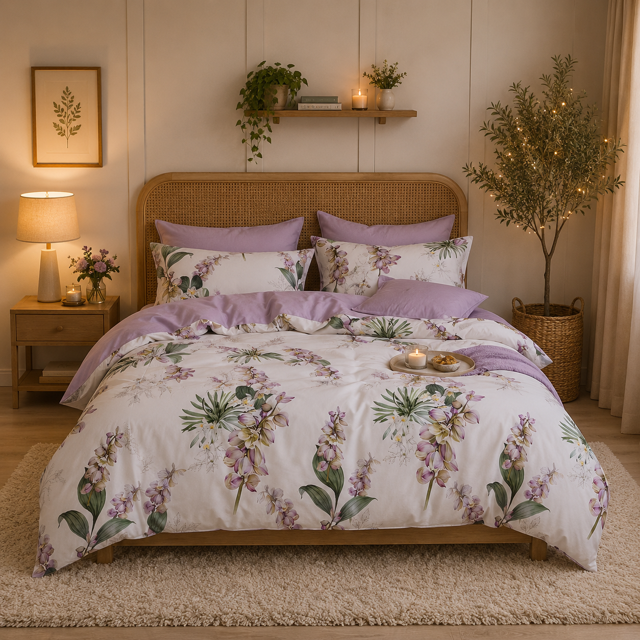 Bright Flamingo Leaf - Lavender Orchid Bliss Egyptian Cotton Bedding Set
