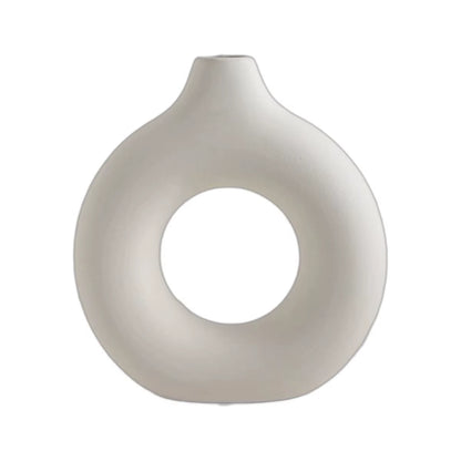 1Pc Imitation Ceramic Pure White Vase Decorative Vase Single Branch Flower Arranging Ornament Donut Design Flowerpot Table Decor