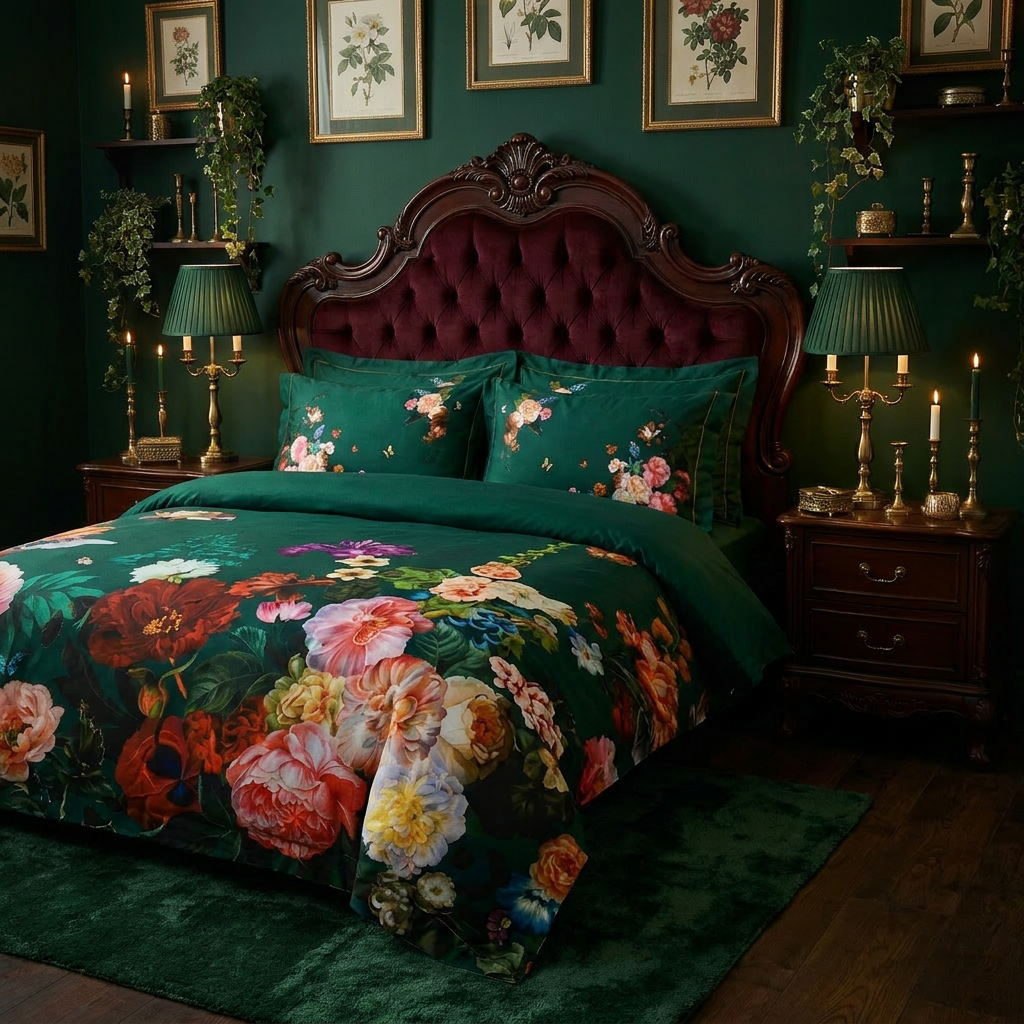 Artisan Design - Emerald Floral Dark Victorian Botanical Egyptian Cotton Bedding Set
