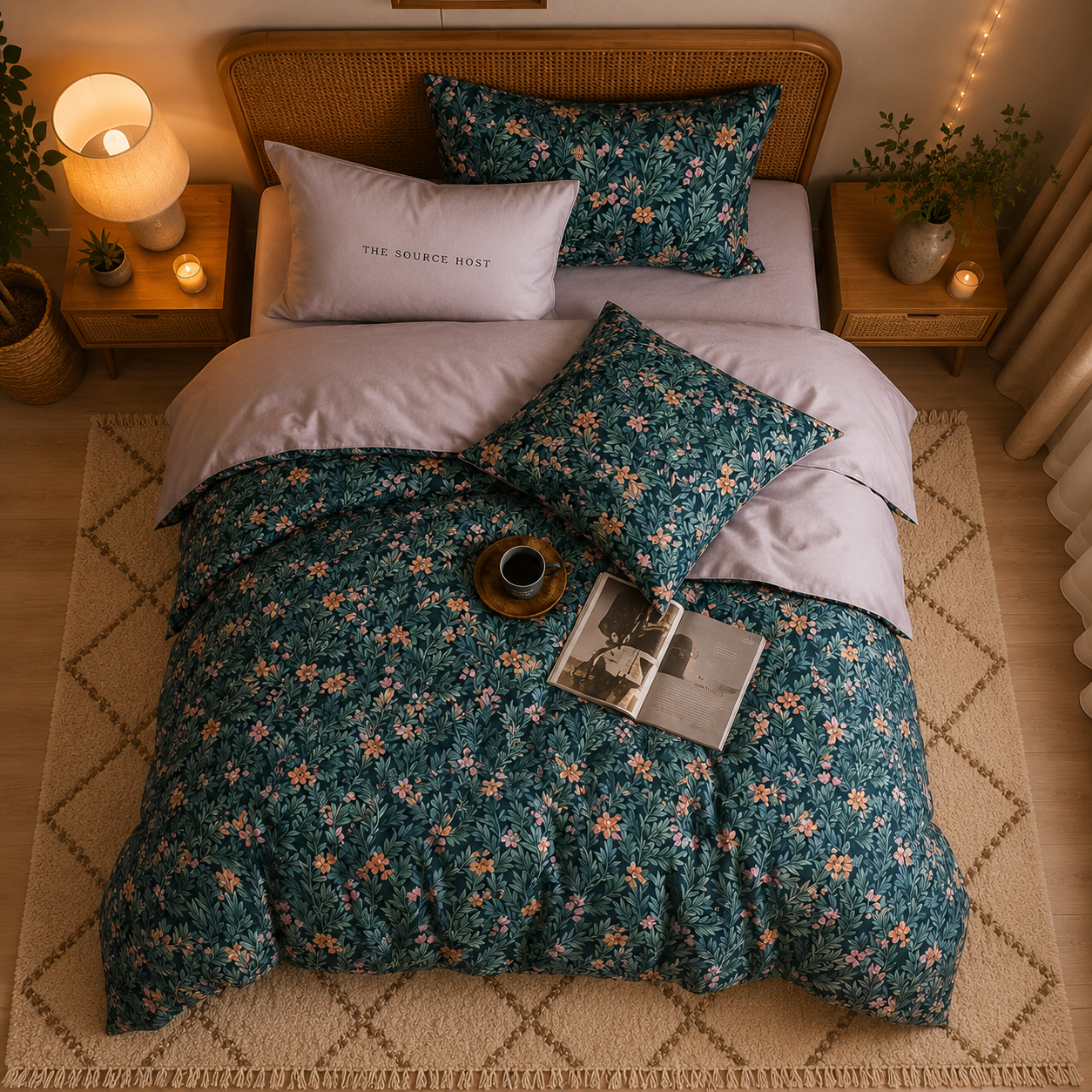 Bright Flamingo Leaf - Secret Garden Teal Egyptian Cotton Bedding Set
