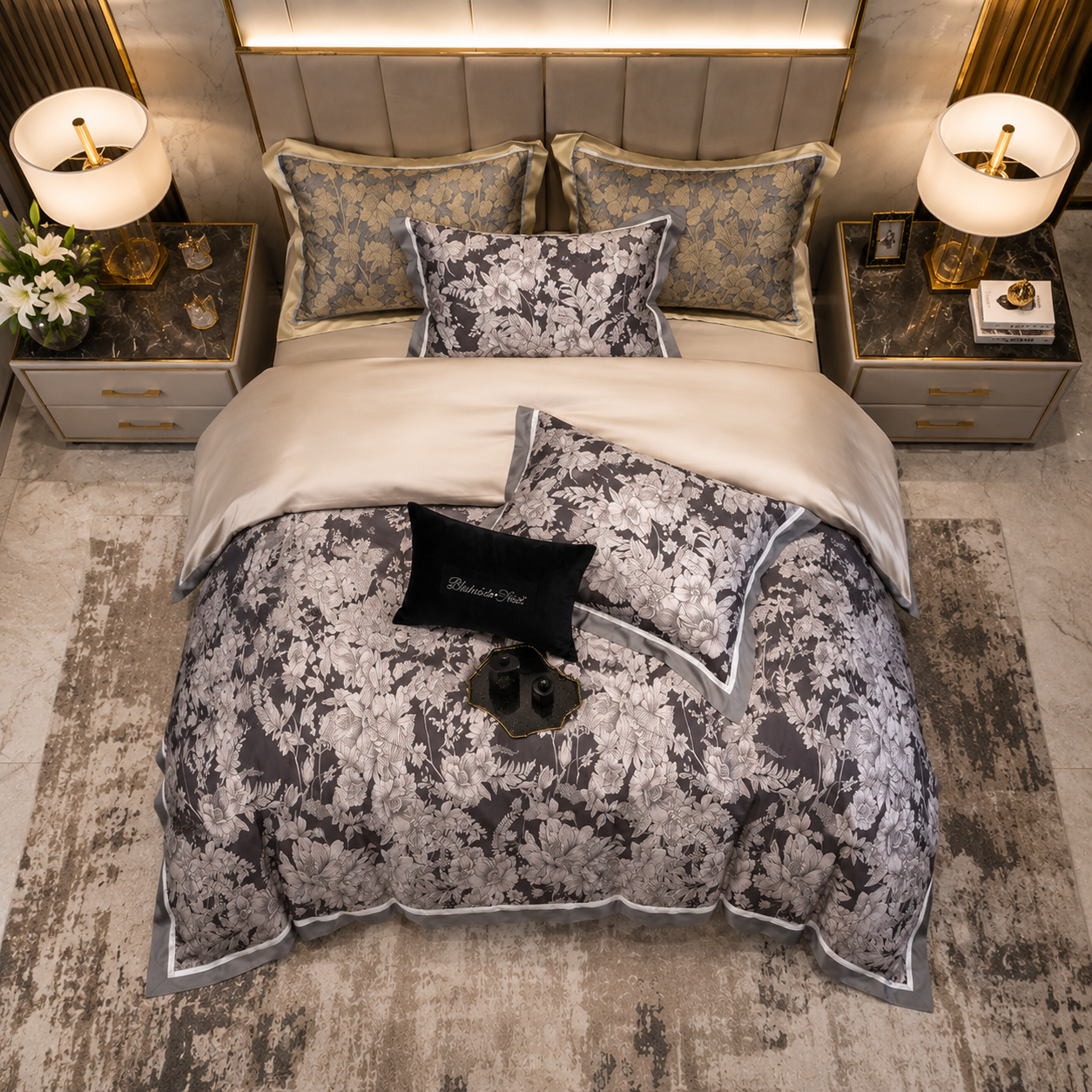 Premium Floral Long Staple - Midnight Blossom Cotton Bedding Set