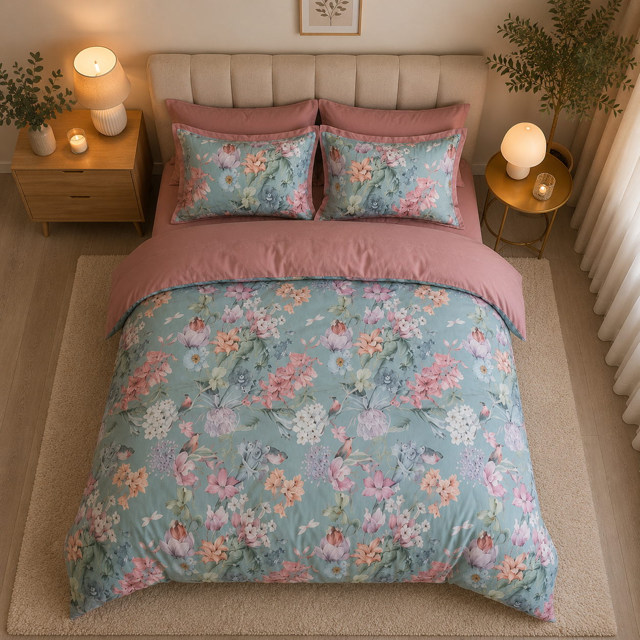 Bright Flamingo Leaf - Bluebell Blossom Egyptian Cotton Bedding Set