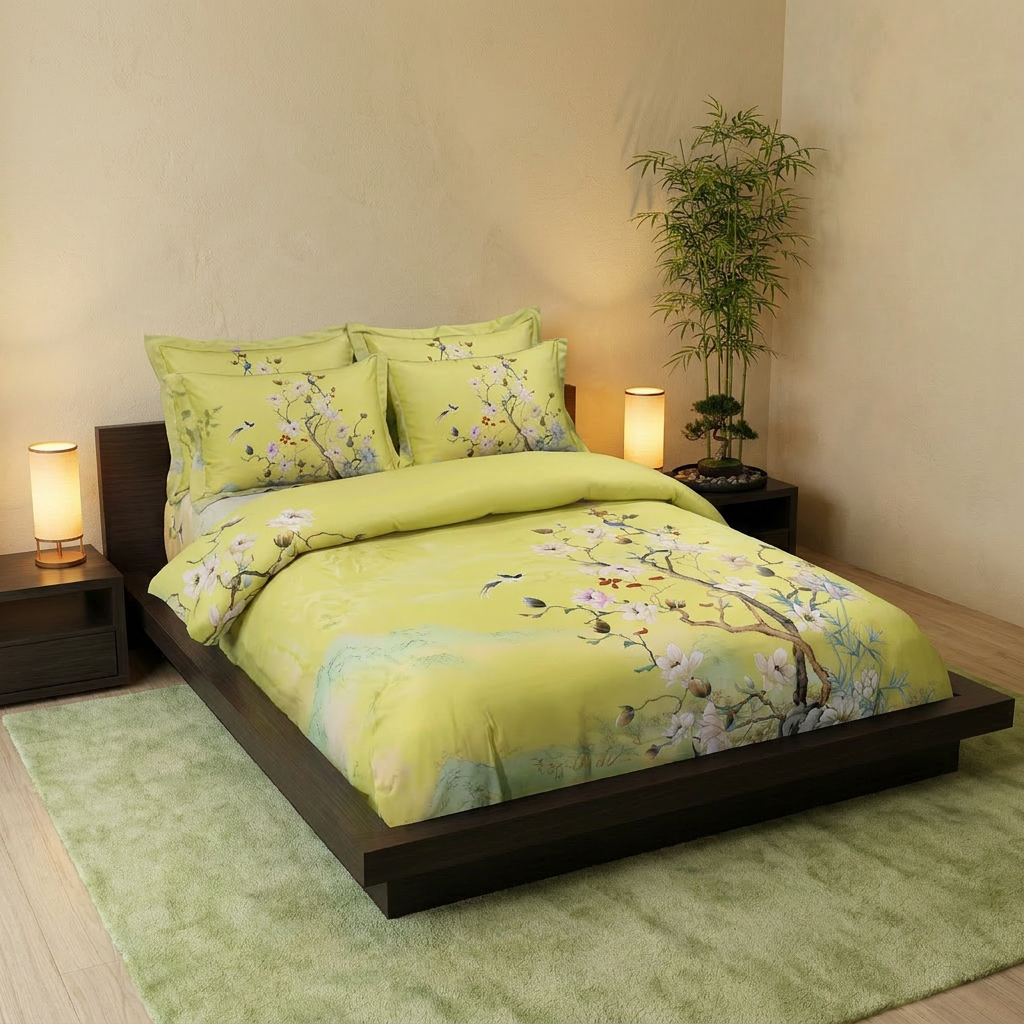 Artisan Design - Yellow Chinoiserie Blossom Japandi Luxury Egyptian Cotton Bedding Set