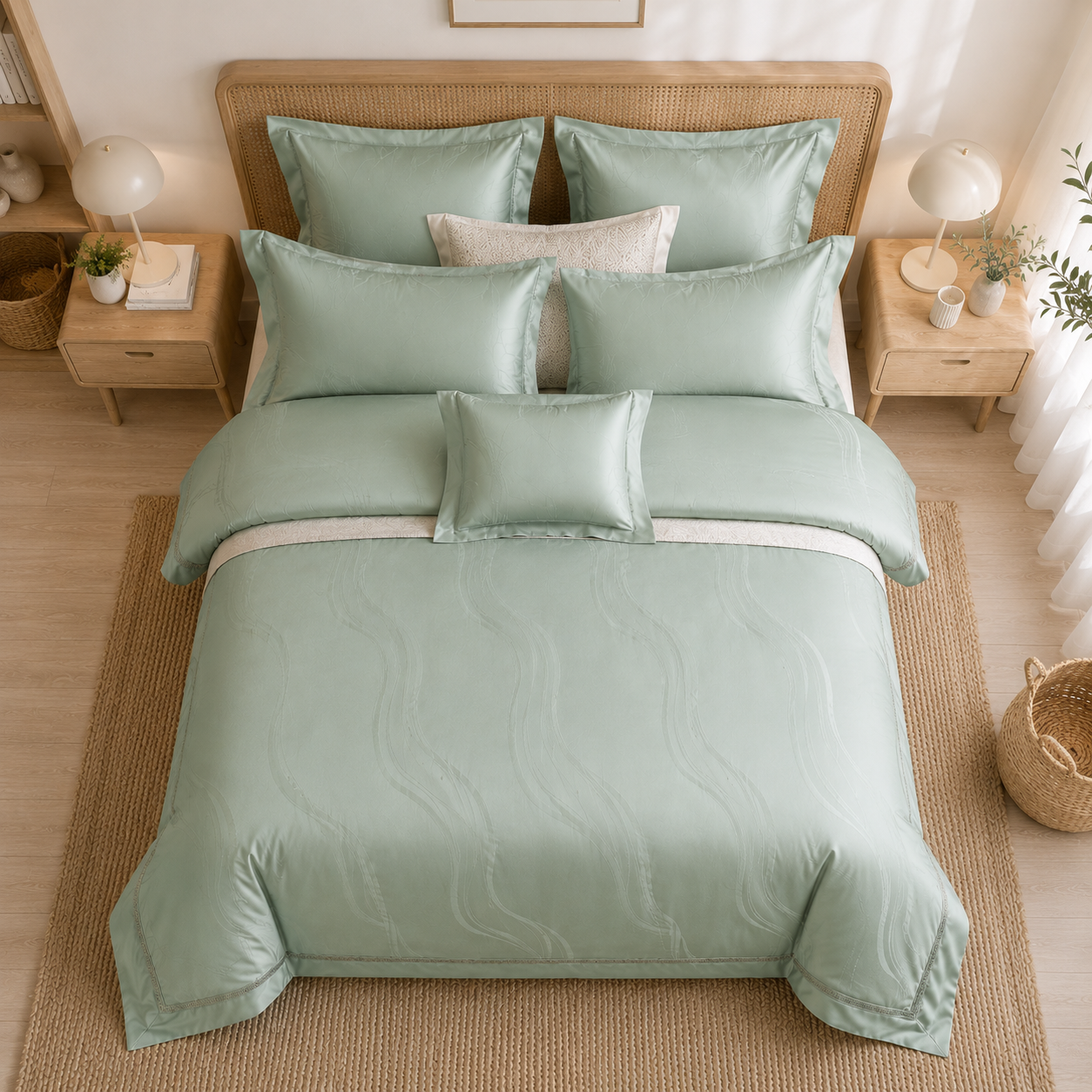 Scandinavian Luxe Jacquard - Sage Mist Egyptian Cotton Bedding Set