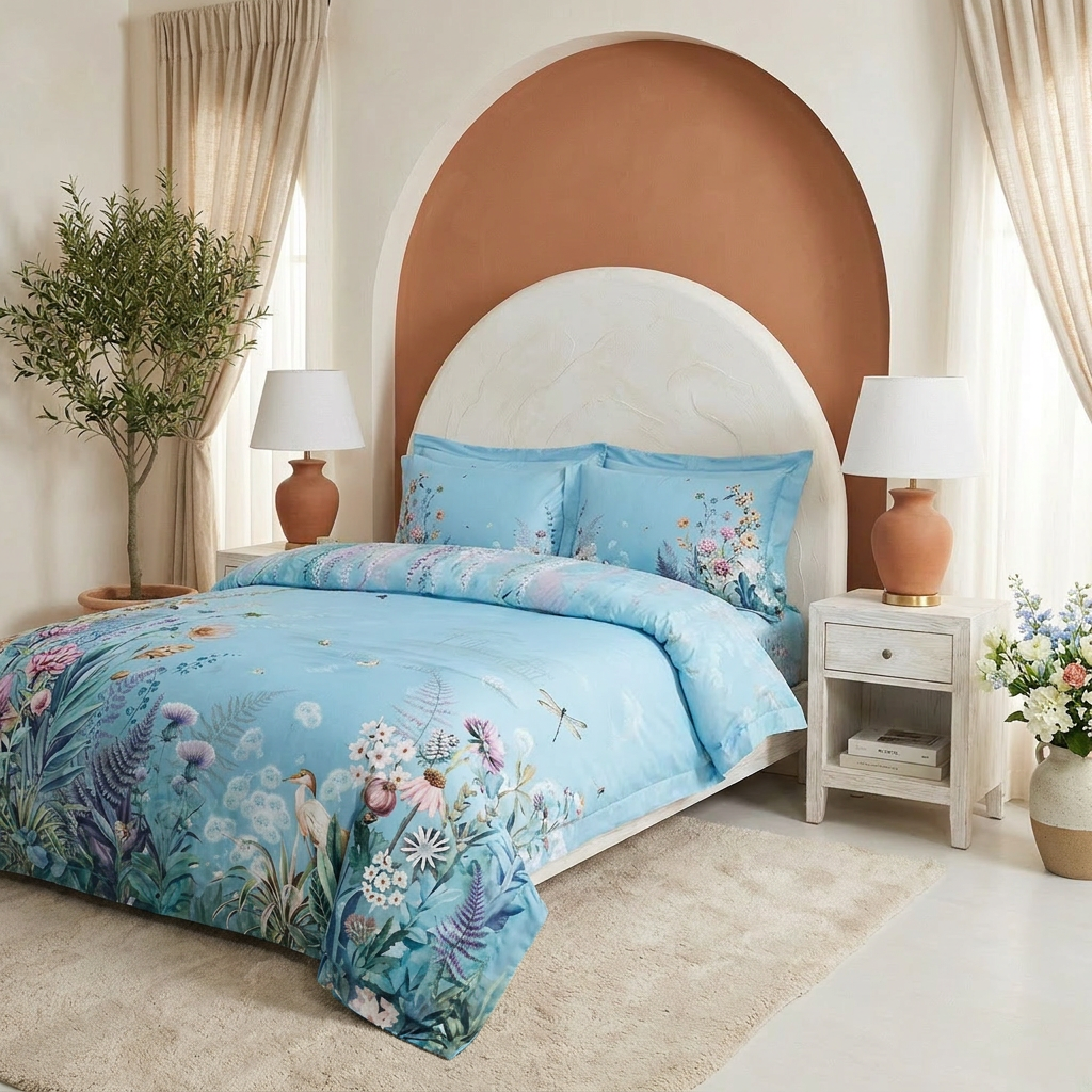 Artisan Design - Sky Blue Botanical Mediterranean Egyptian Cotton Bedding Set
