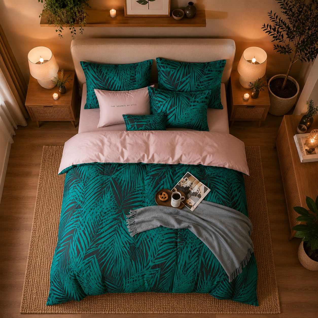 Bright Flamingo Leaf - Emerald Palm Retreat Egyptian Cotton Bedding Set
