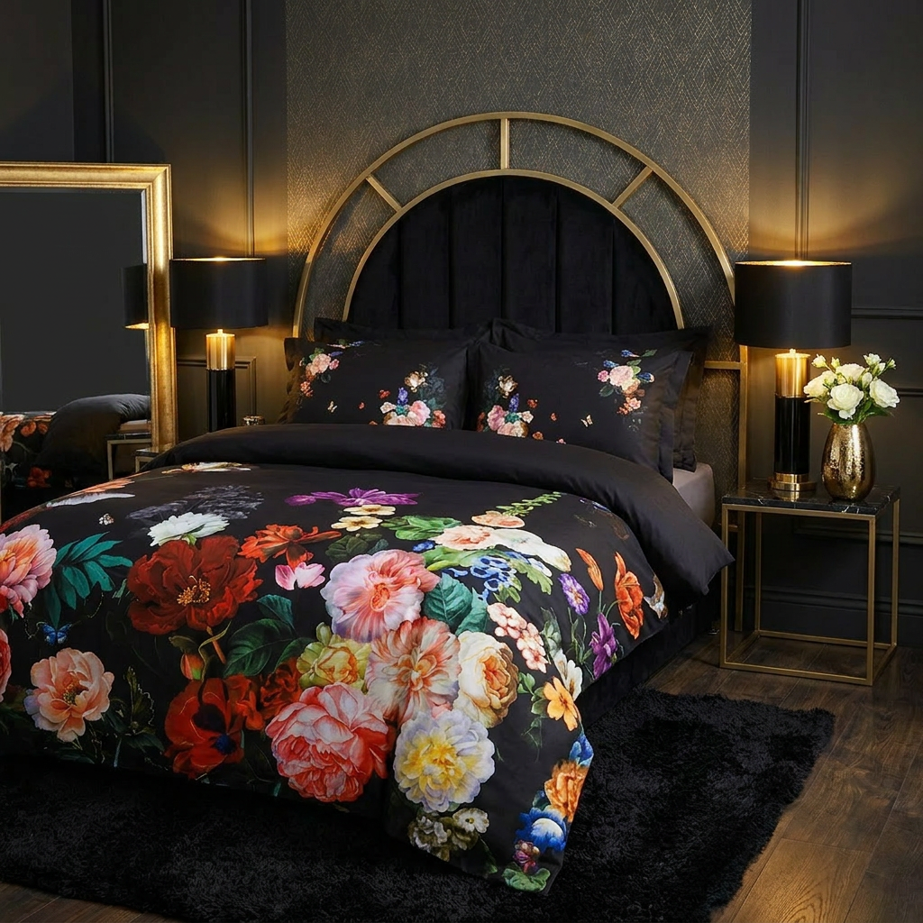 Artisan Design - Black Floral Modern Glamour Egyptian Cotton Bedding Set