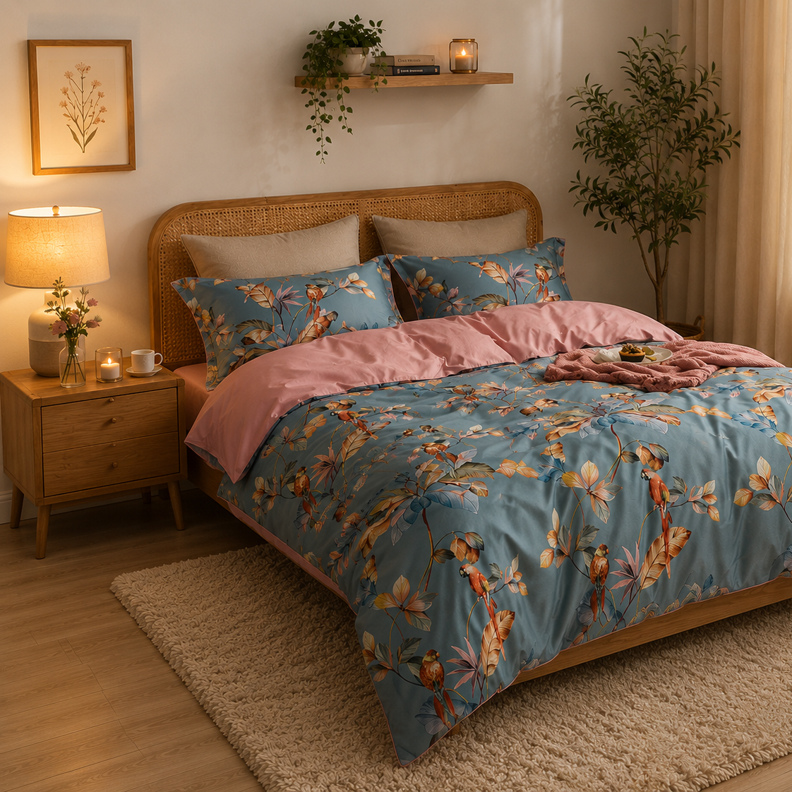 Bright Flamingo Leaf - Blush Parrot Haven Egyptian Cotton Bedding Set