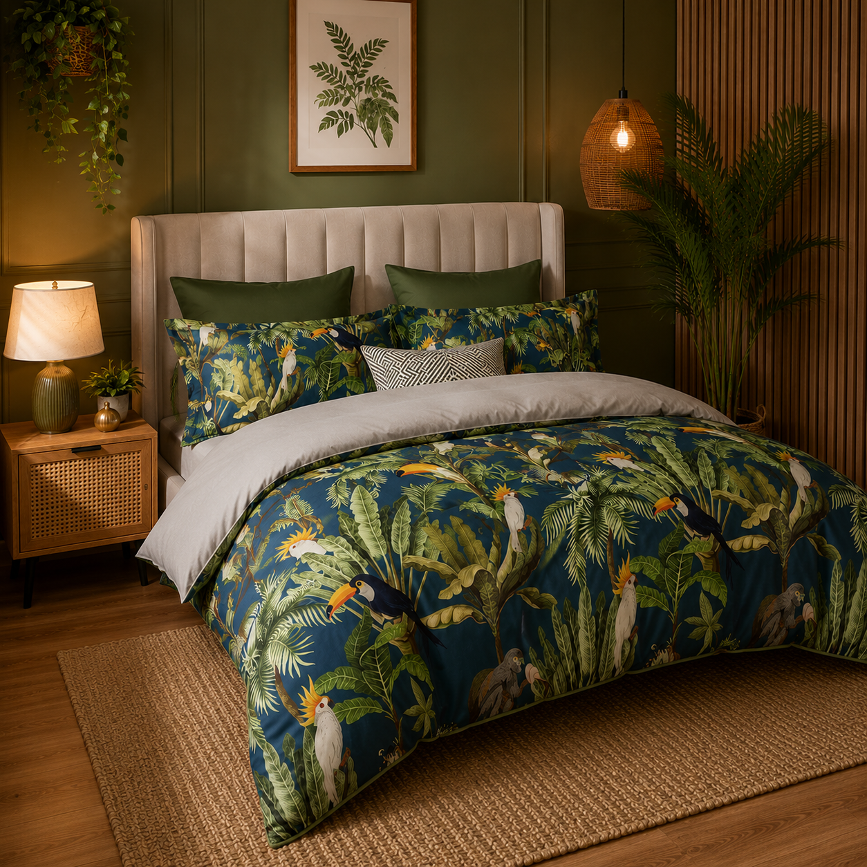 Bright Flamingo Leaf - Tropical Rainforest Escape Egyptian Cotton Bedding Set