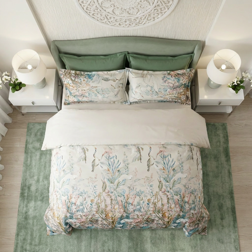 Artisan Design - Soft Botanical Crane Chinoiserie Spa Egyptian Cotton Bedding Set