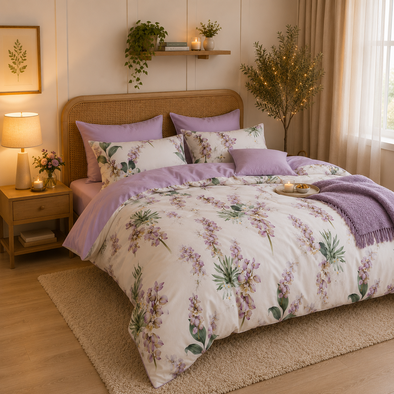 Bright Flamingo Leaf - Lavender Orchid Bliss Egyptian Cotton Bedding Set