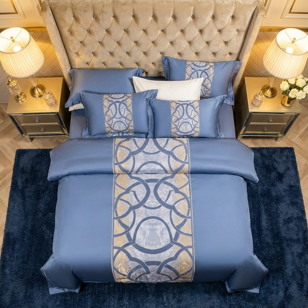 Artisan Design - Steel Blue Geometric Parisian Hotel Egyptian Cotton Bedding Set