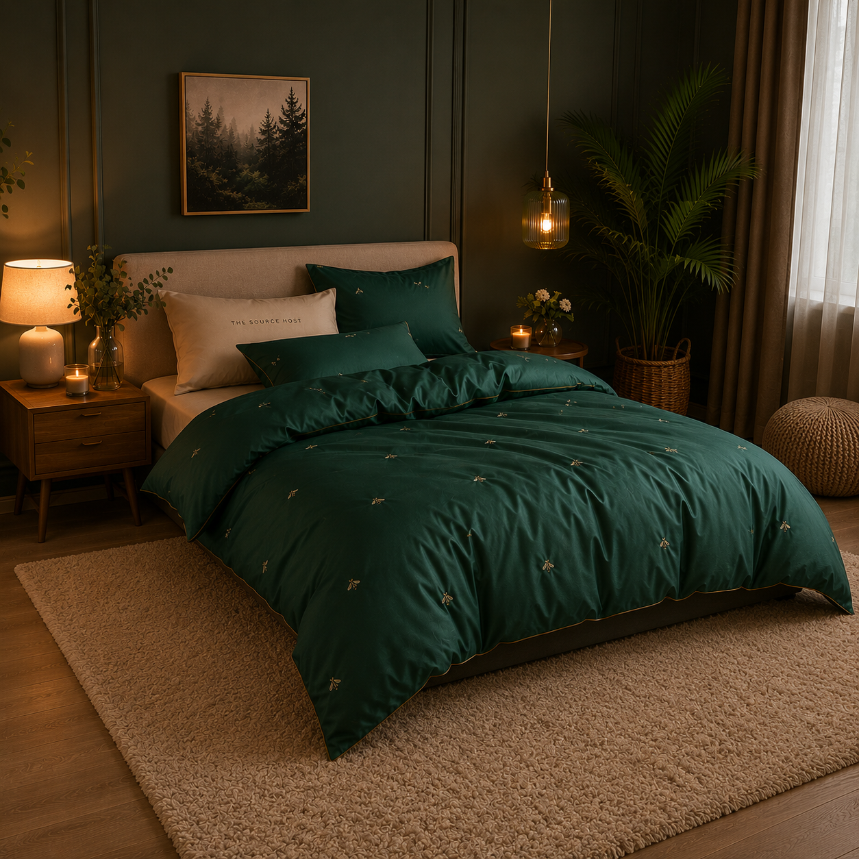 Bright Flamingo Leaf - Emerald Serenity Egyptian Cotton Bedding Set