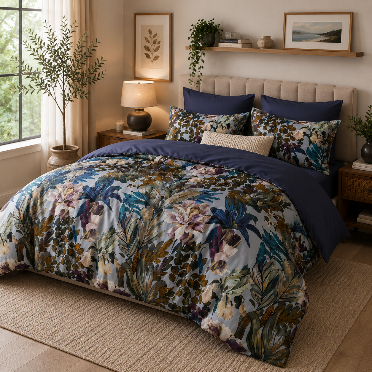 Bright Flamingo Leaf - Midnight Botanical Bloom Egyptian Cotton Bedding Set