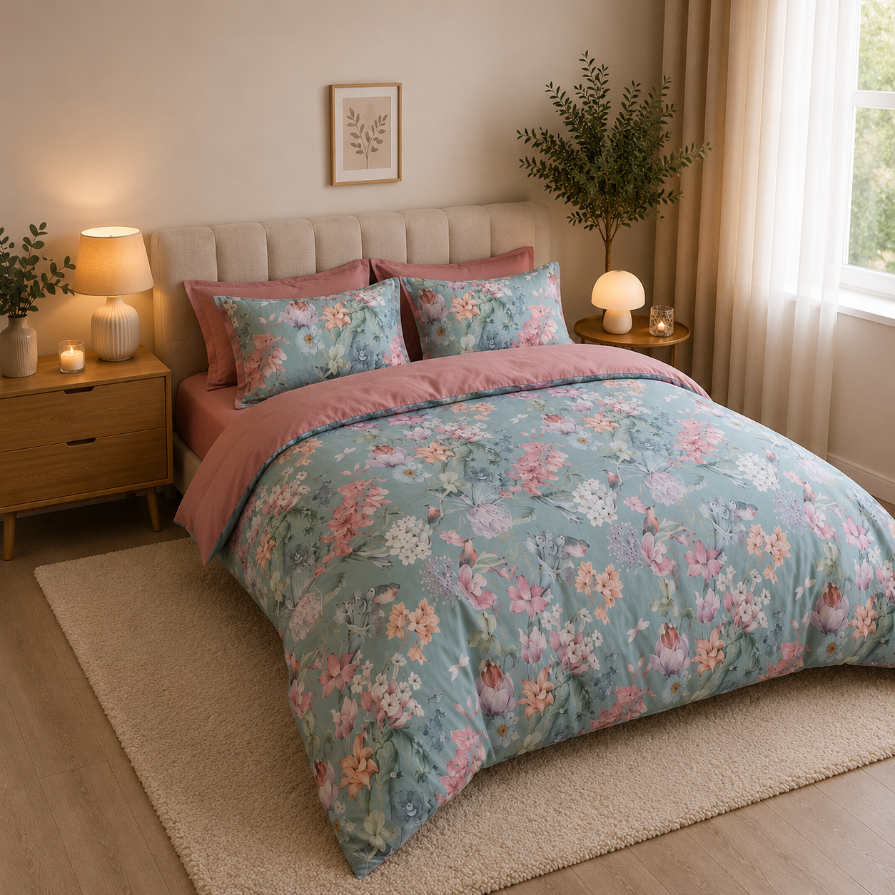 Bright Flamingo Leaf - Bluebell Blossom Egyptian Cotton Bedding Set