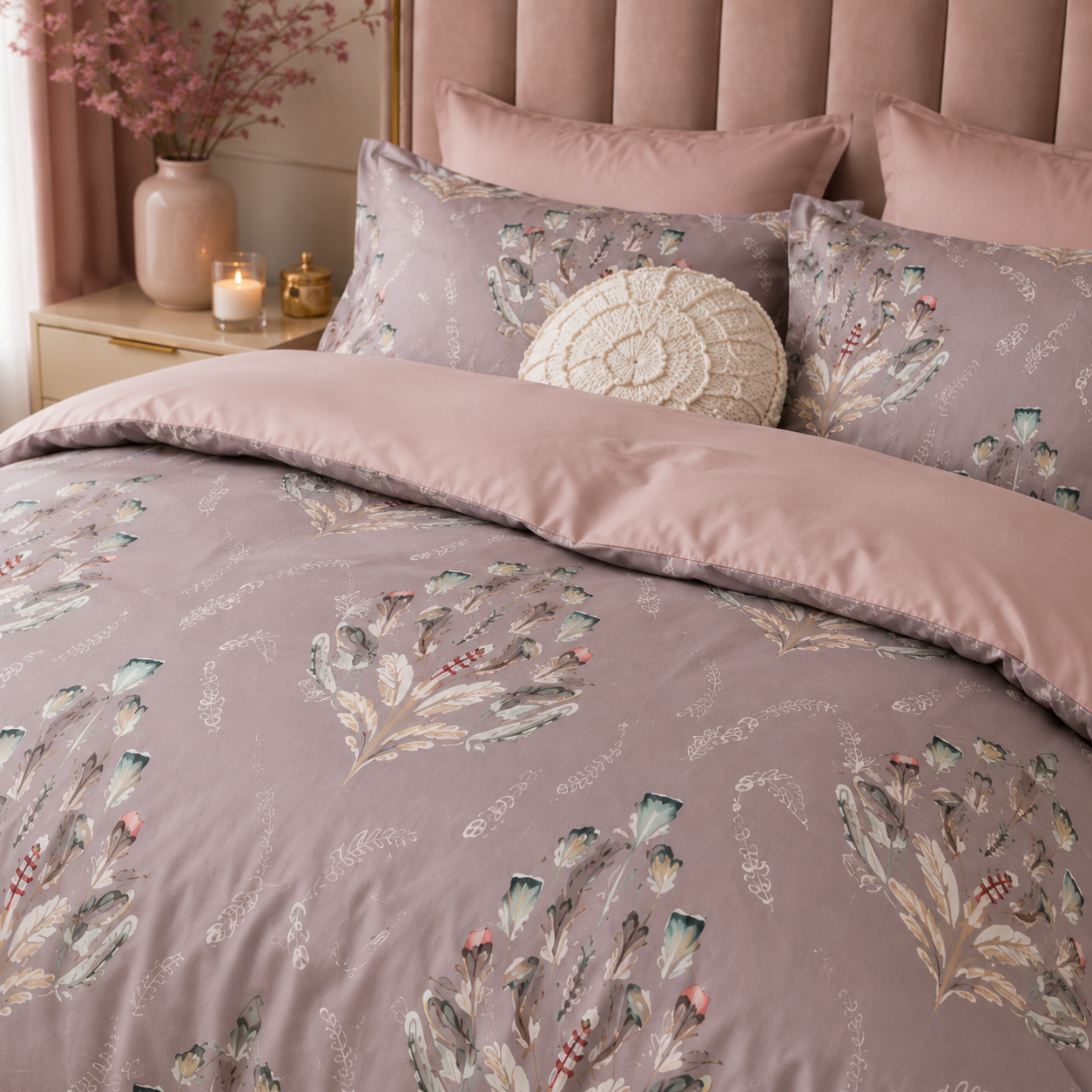 Bright Flamingo Leaf - Blush Botanical Whisper Egyptian Cotton Bedding Set