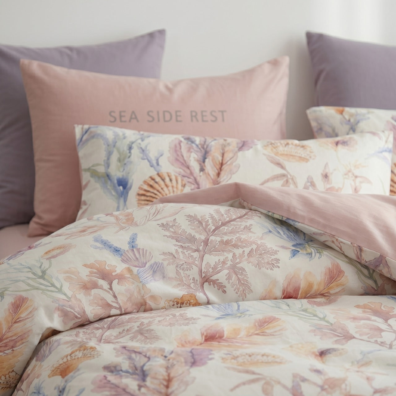 Bright Flamingo Leaf - Coastal Shorelines Pastel Egyptian Cotton Bedding Set