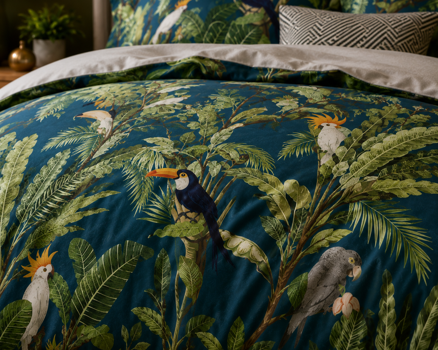 Bright Flamingo Leaf - Tropical Rainforest Escape Egyptian Cotton Bedding Set