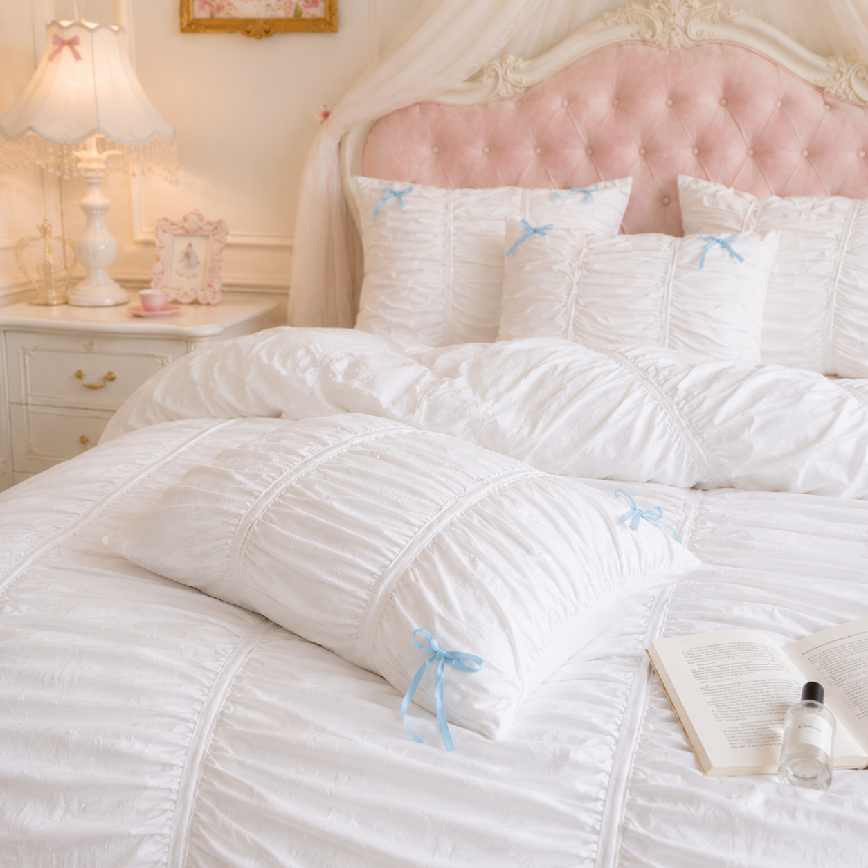 The Enchanted Princess Chamber - White Blue Ruched Bedding Set