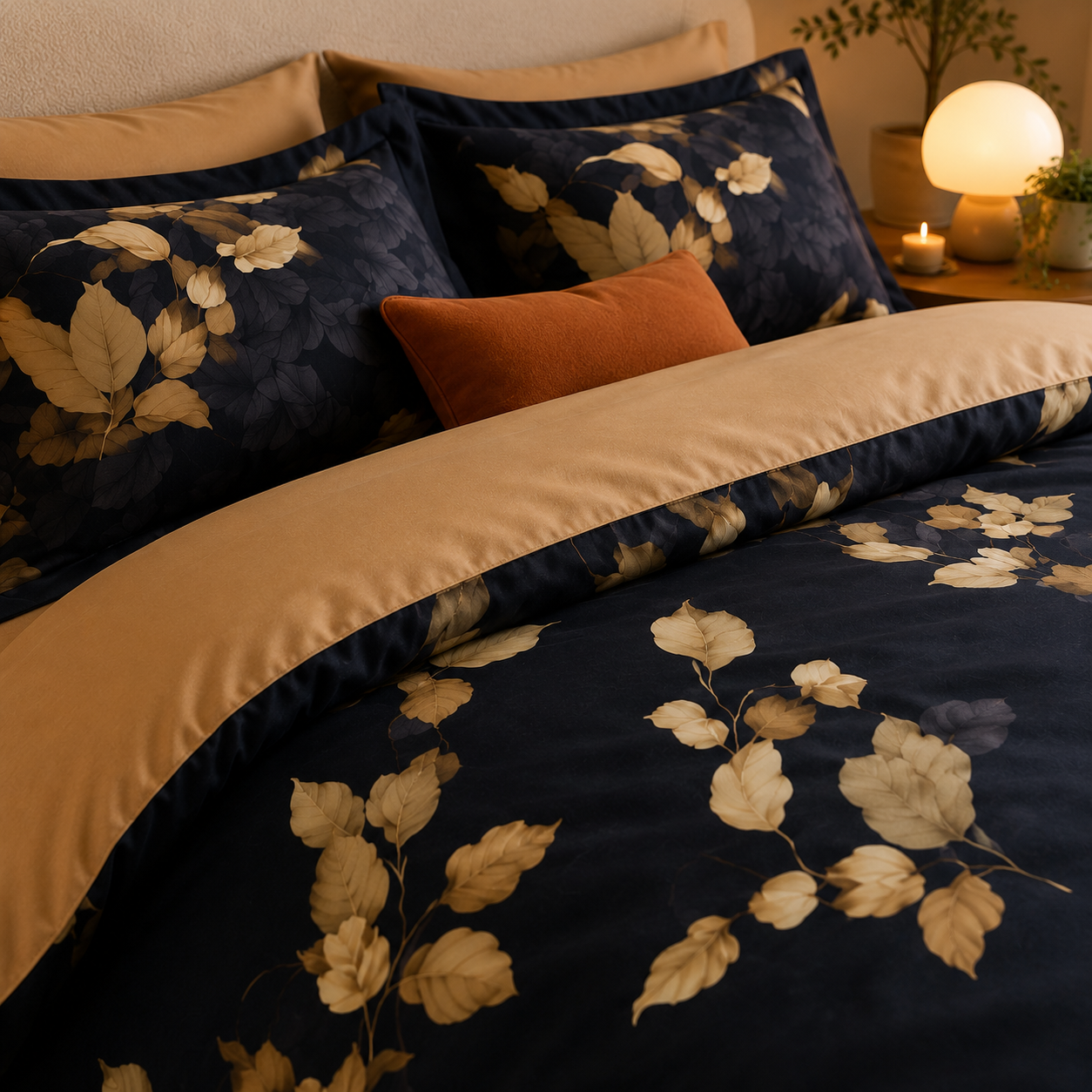 Bright Flamingo Leaf - Noir Twilight Egyptian Cotton Bedding Set
