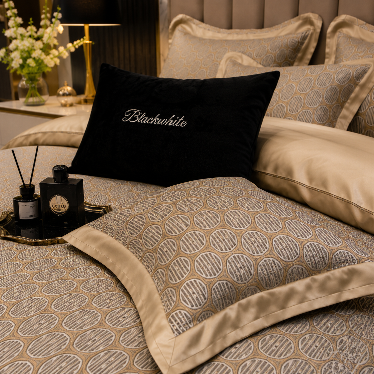 Premium Floral Long Staple - Golden Geometry Cotton Bedding Set