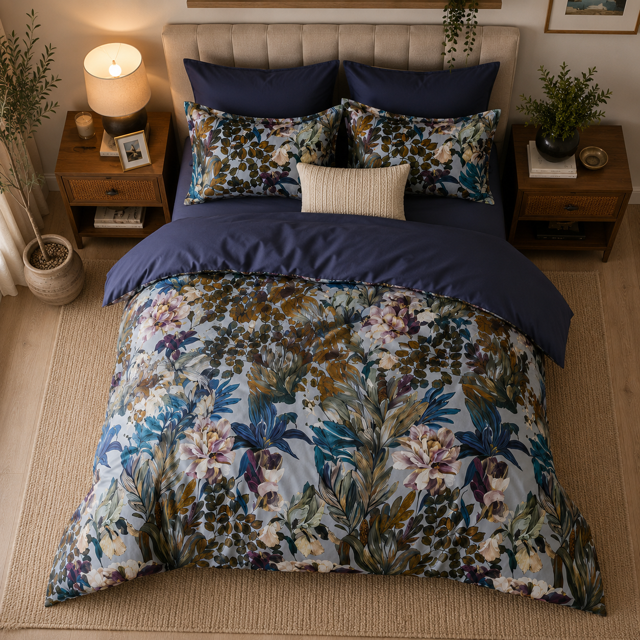 Bright Flamingo Leaf - Midnight Botanical Bloom Egyptian Cotton Bedding Set