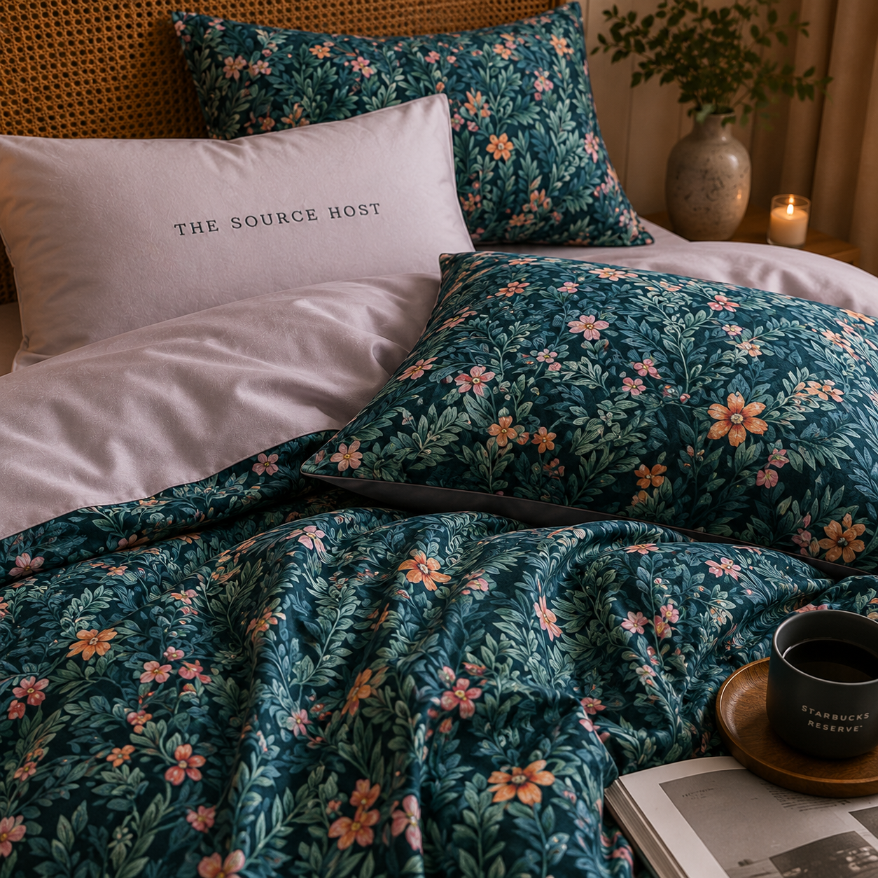 Bright Flamingo Leaf - Secret Garden Teal Egyptian Cotton Bedding Set