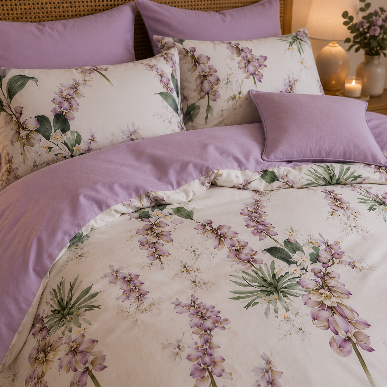 Bright Flamingo Leaf - Lavender Orchid Bliss Egyptian Cotton Bedding Set