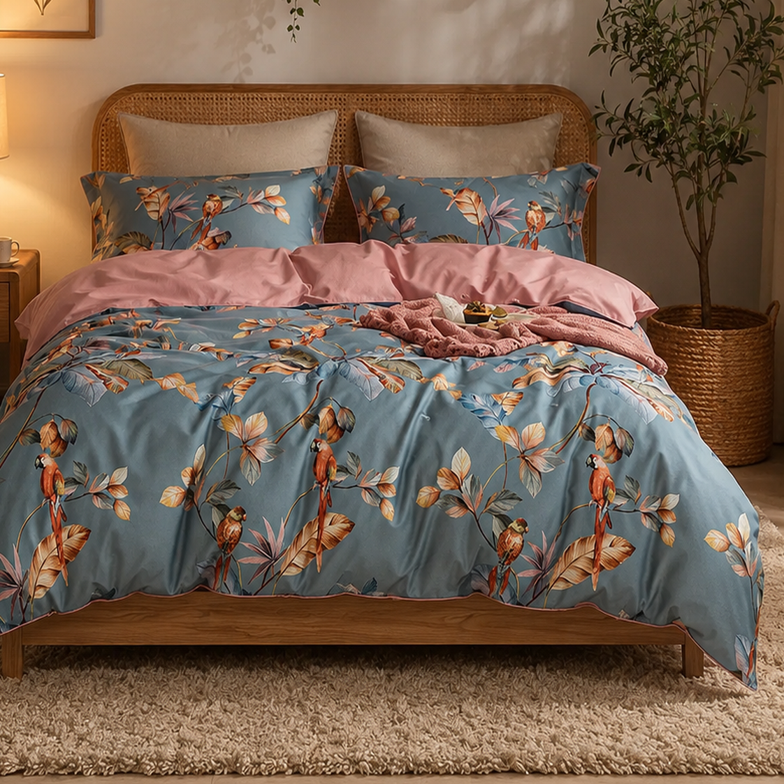 Bright Flamingo Leaf - Blush Parrot Haven Egyptian Cotton Bedding Set