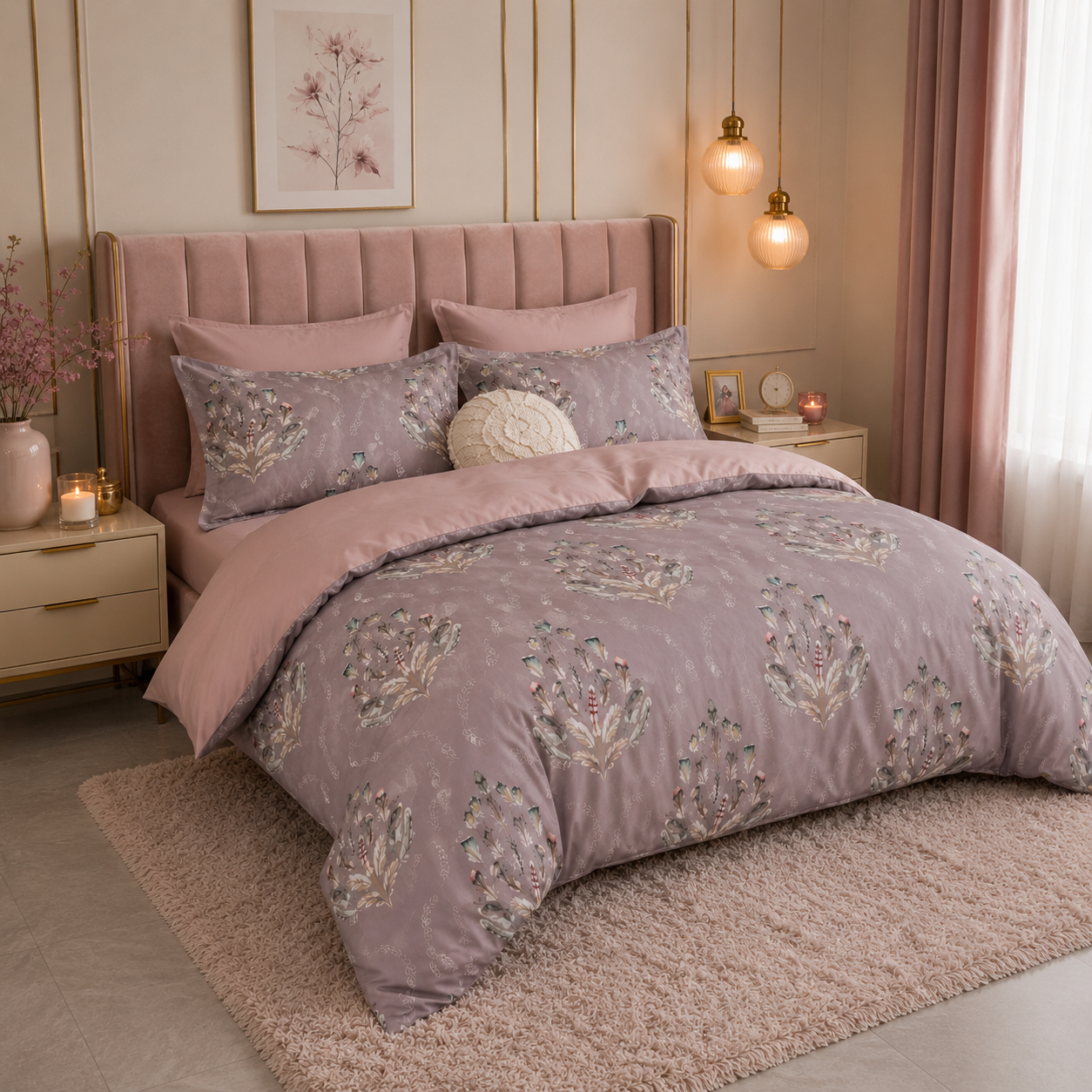 Bright Flamingo Leaf - Blush Botanical Whisper Egyptian Cotton Bedding Set