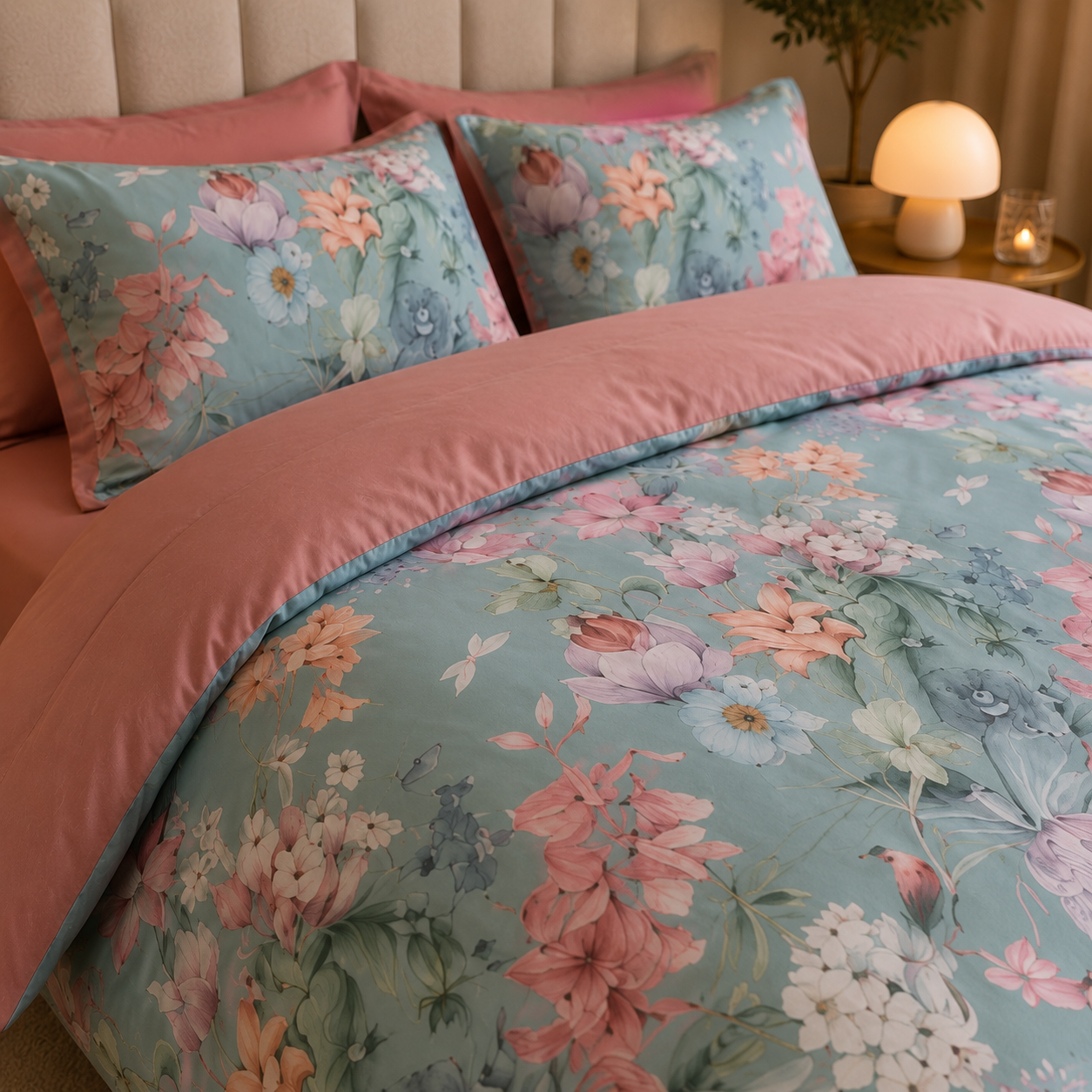 Bright Flamingo Leaf - Bluebell Blossom Egyptian Cotton Bedding Set