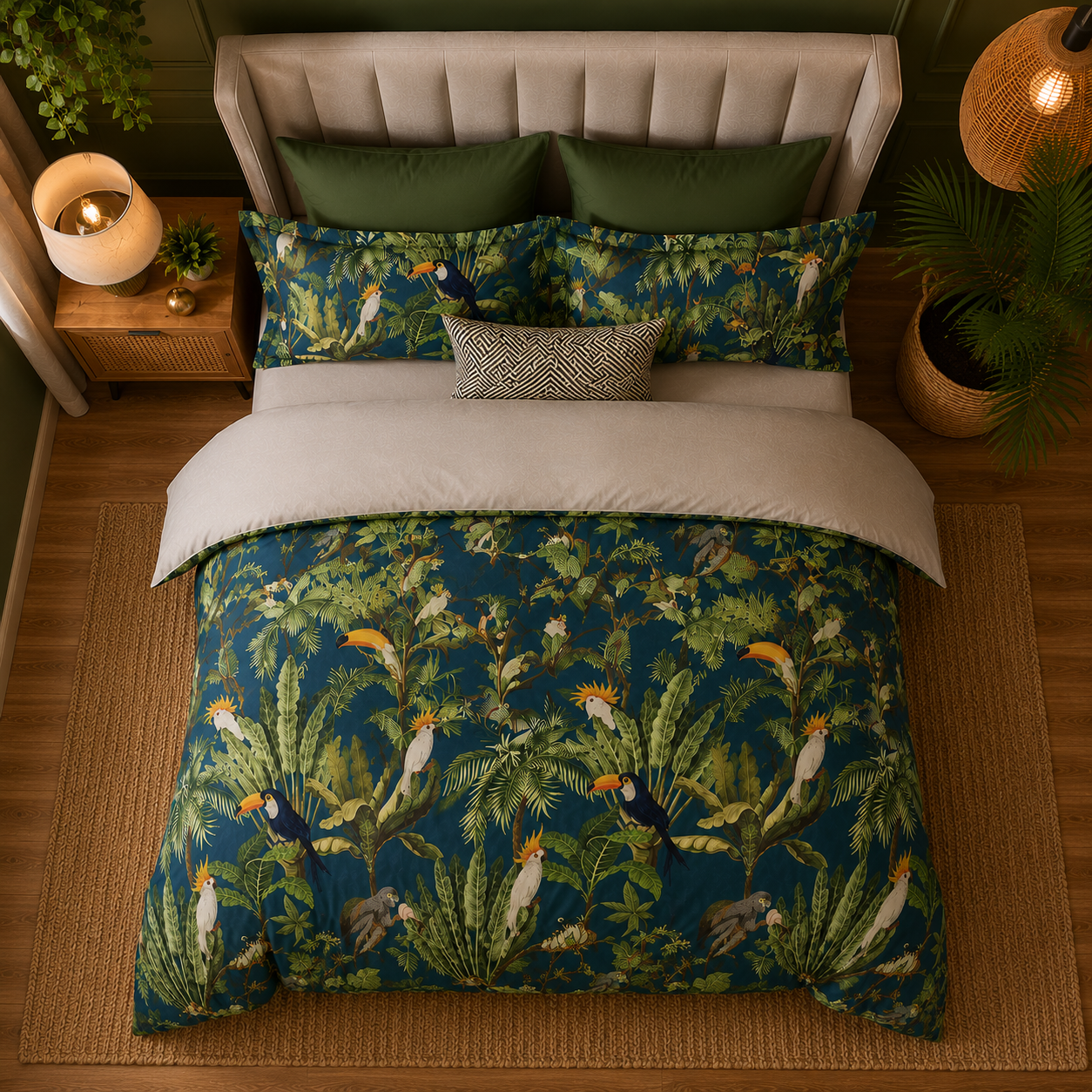 Bright Flamingo Leaf - Tropical Rainforest Escape Egyptian Cotton Bedding Set