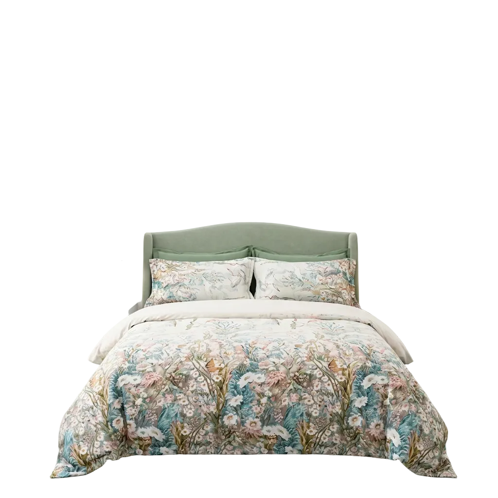Artisan Design - Soft Botanical Crane Chinoiserie Spa Egyptian Cotton Bedding Set