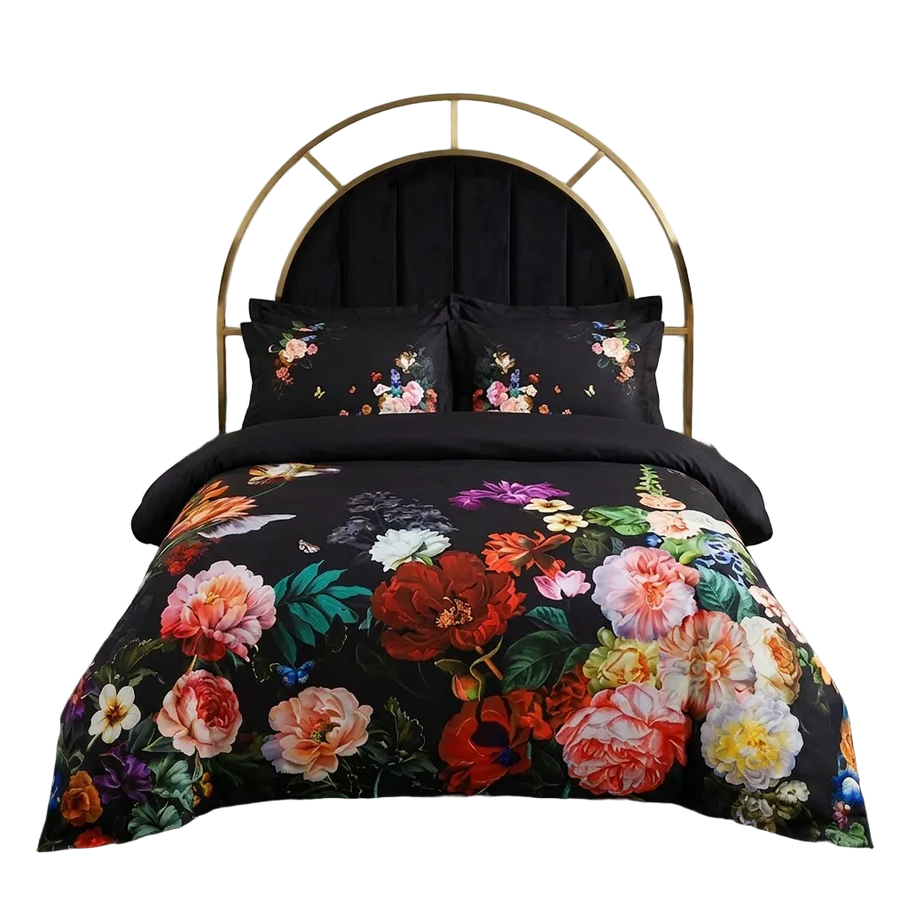 Artisan Design - Black Floral Modern Glamour Egyptian Cotton Bedding Set