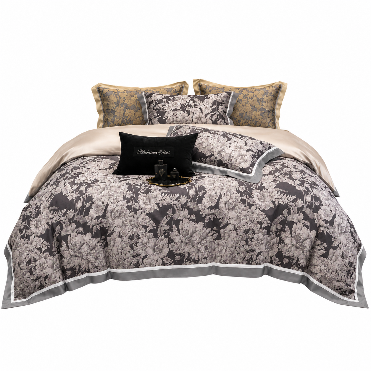 Premium Floral Long Staple - Midnight Blossom Cotton Bedding Set