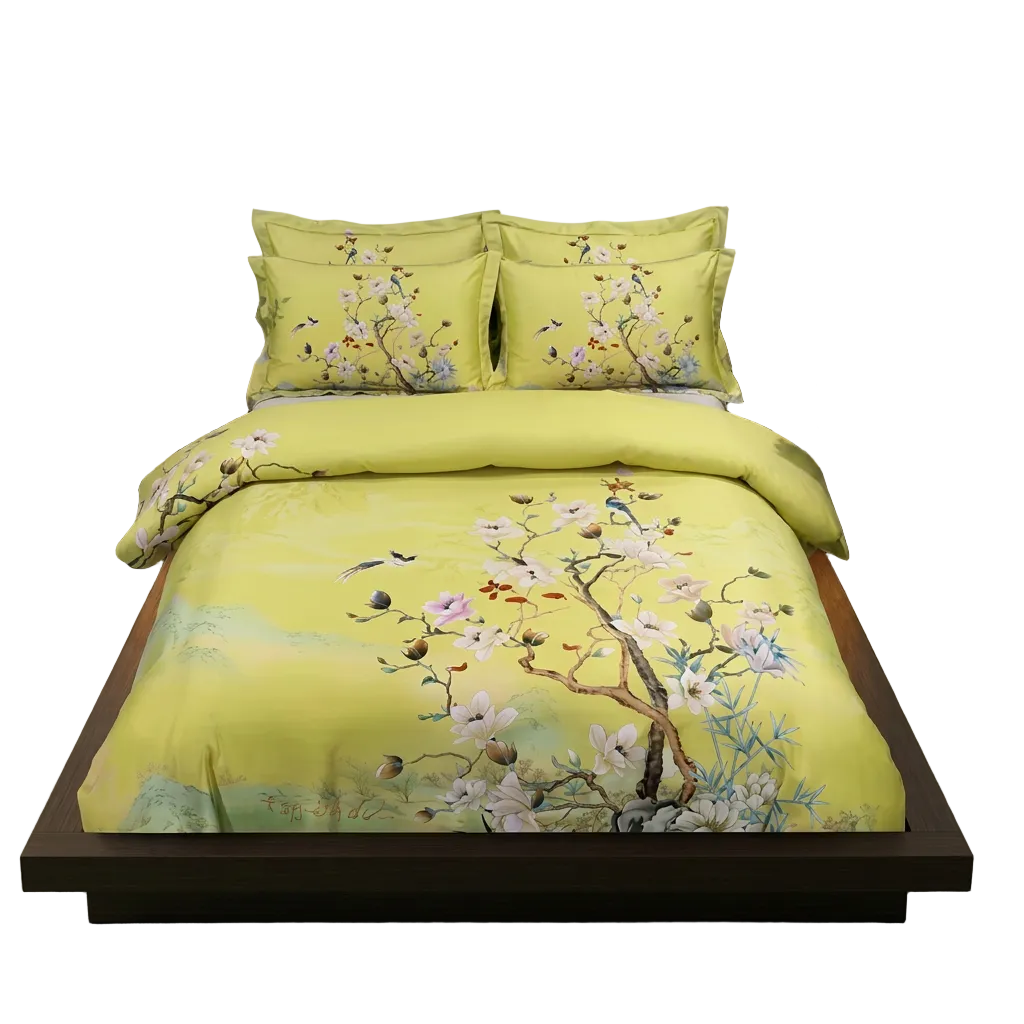 Artisan Design - Yellow Chinoiserie Blossom Japandi Luxury Egyptian Cotton Bedding Set