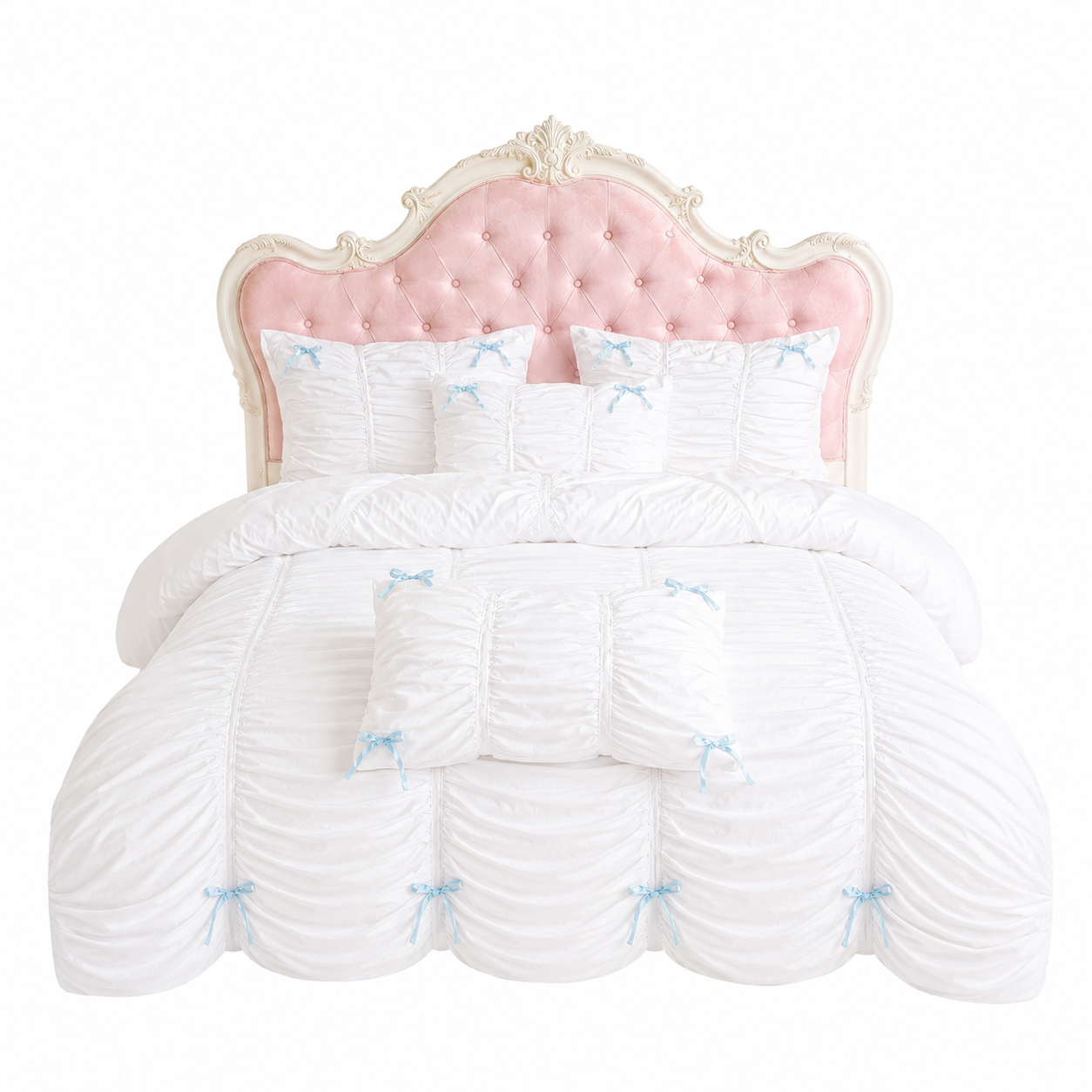 The Enchanted Princess Chamber - White Blue Ruched Bedding Set