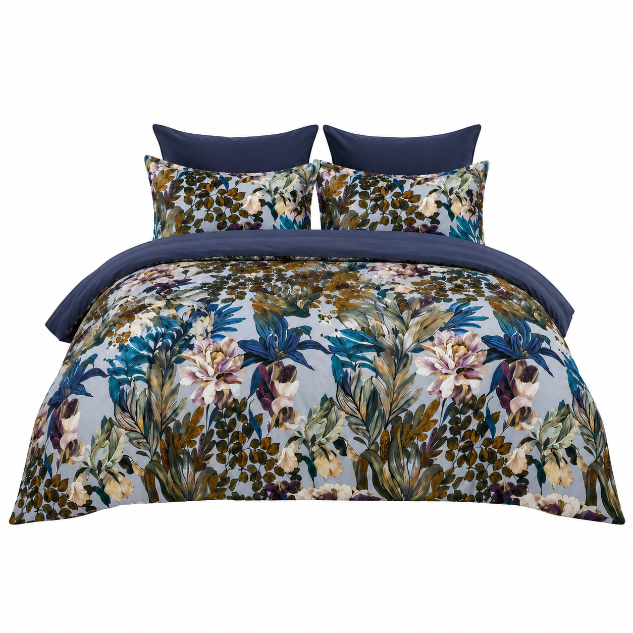 Bright Flamingo Leaf - Midnight Botanical Bloom Egyptian Cotton Bedding Set