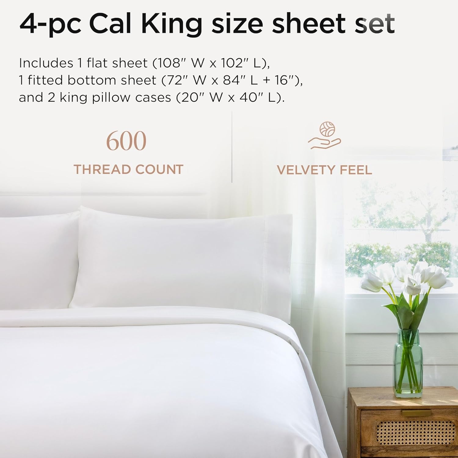 100% Cotton Sheets for Cal King Size Bed - 600 Thread Count Cal King Bed Sheets Set with 16” Deep Pocket - Sateen Weave 4-Piece Bedding Set with Cooling Effect, White