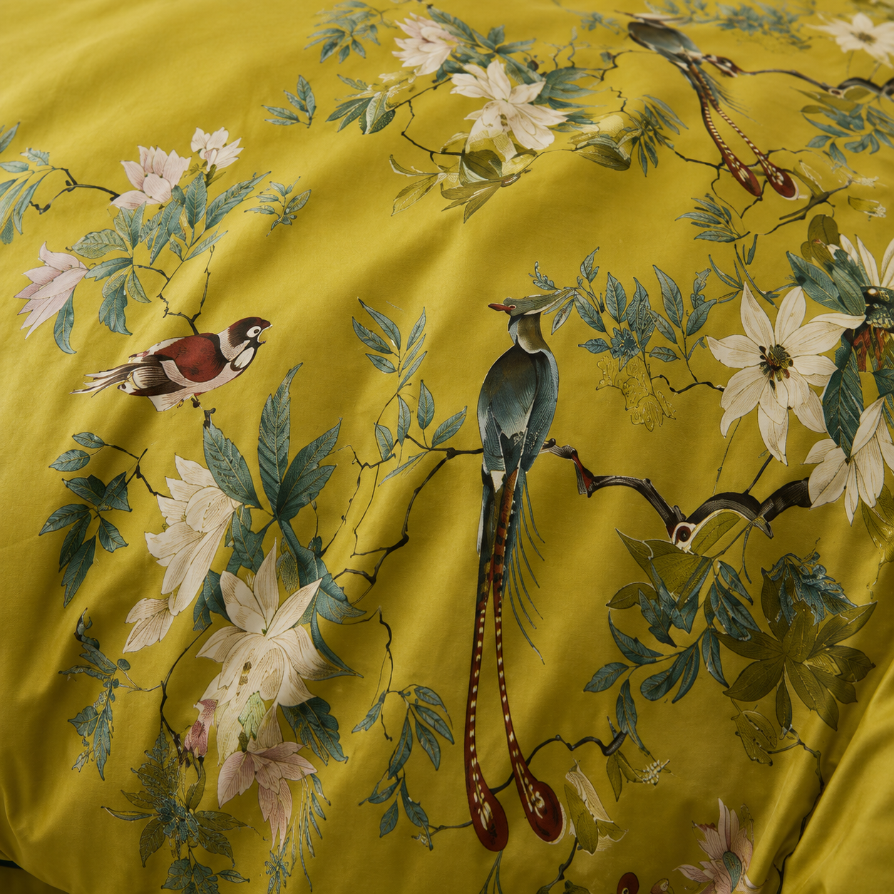 Bright Flamingo Leaf - Olive Chinoiserie Bird Tuscan Villa Egyptian Cotton Bedding Set