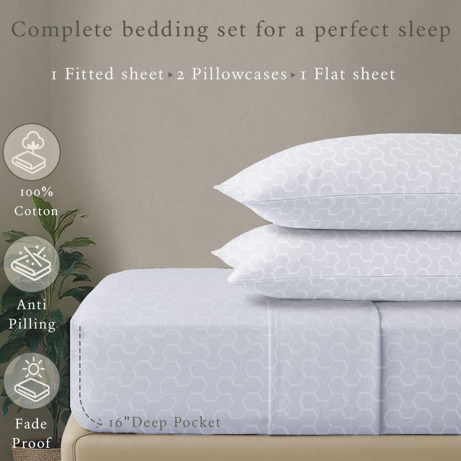 500 Thread Count Queen Size Sheets 4 Pc Luxury Cotton Bedding Set, Jacquard Floria Hotel White, Silky Smooth Sheets with 16" Elasticized Deep Pocket, 2 Pillowcases & Free Tote Bag