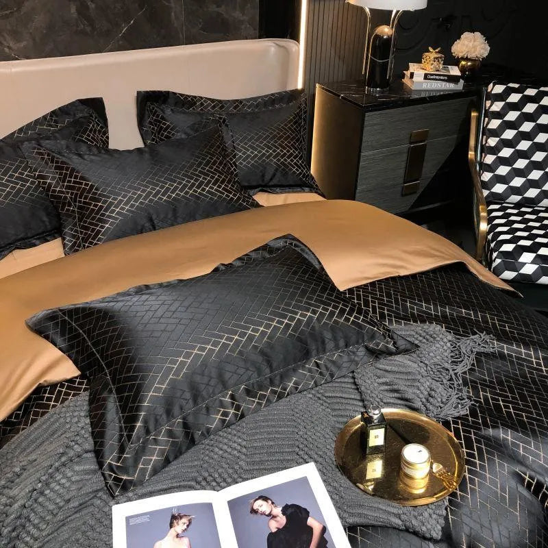 Luxury Black Yarn-Dyed Jacquard Egyptian Cotton Bedding Set