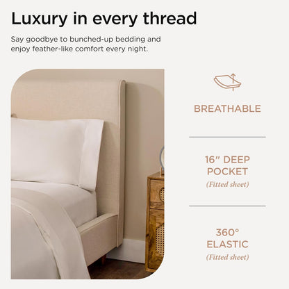 100% Cotton Sheets for Cal King Size Bed - 600 Thread Count Cal King Bed Sheets Set with 16” Deep Pocket - Sateen Weave 4-Piece Bedding Set with Cooling Effect, White